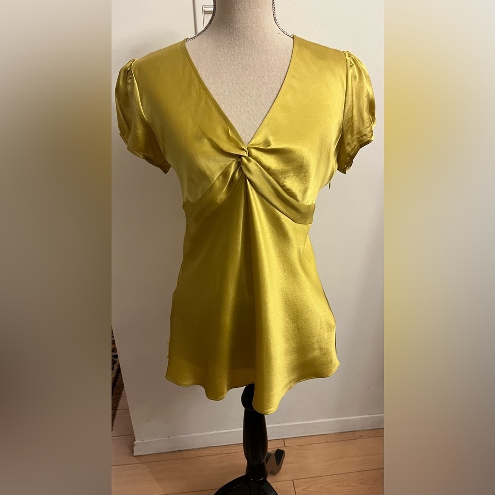 Alfani Women’s Silk Blouse Chartreuse V Neck Size 4